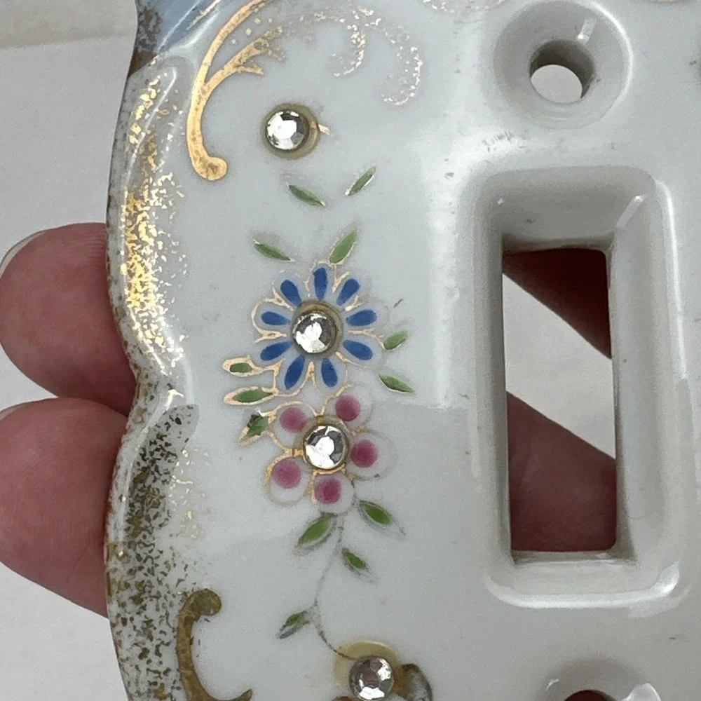 Vintage Lefton's Floral Rhinestones Porcelain Light Switch Plate Cover Blue 2685